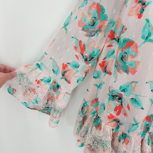 Kaari Blue Sz L Multi Pink Floral Santorini 3/4 Sleeve Ruffle Front Tie Top Lace - Picture 5 of 13